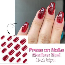 Virellay 24 x Press On Nails Press On Nails - Cat Eye False Nails for Women (Red, Short)