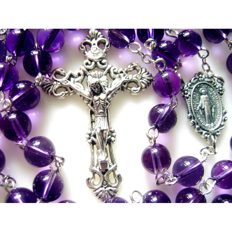 elegantmedical 8MM Amethyst Beads Rosary Cross Crucifix Catholic Necklace