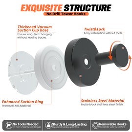 MONGTINGLU Suction Cup Hooks for Shower, No Drill Towel Hooks for Bathroom, Shower Hooks for Inside Shower, Window, Glass, Tile to Hang Towels, Robes, Loofah, Black(4-Pack)