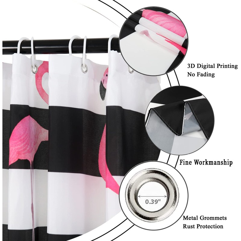 GCIREC Flamingo Shower Curtain, Black White Stripe with Hot Pink