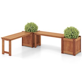 Giantex Set of 2 Outdoor Bench with Raised Garden Beds, 4-in-1 Wood Seat with Teak Oil Finish, Planter Boxes with Open-Ended Base, Garden Bench Seat for Porch Balcony Lawn Yard, DIY Assembly