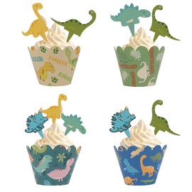 Paquete de 48 adornos para cupcakes de dinosaurio, envoltorios de dinosaurio, cumpleaños, magdalenas, adornos de dinosaurio, para baby shower, cumpleaños, decoración de fiesta temática de dinosaurios
