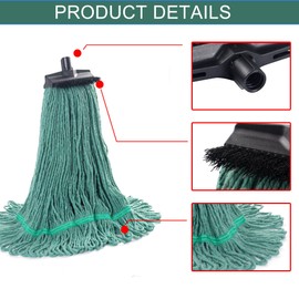 Matthew Large Heavy Duty Mop Head Commercial Replacement for General and Floor Cleaning, Screw-on Wet Industrial Cotton Looped End String Head Refill (Green 12Pack) w/Built-in Flexible Bristle Brush