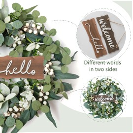 Corona de eucalipto de bayas idílicas para puerta delantera, corona artificial de 18 pulgadas para primavera y verano de hojas verdes para decoración de granja, pared de boda, ventana delantera y porche