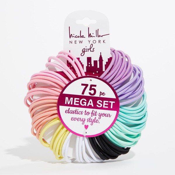 Nicole Miller 75-Piece Ultimate Hair Elastic Set: Multi-Color, 4mm Ponytail Holders for Versatile Hair Styling - Pastels, Brights, Dual Tones, and Metallics
