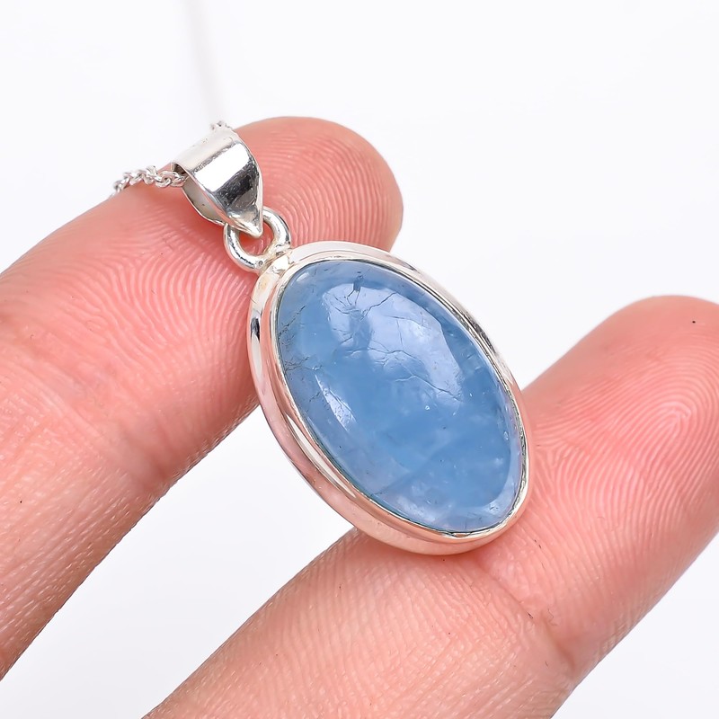 GEMKORA Natural Real Aquamarine Crystals Bezel Oval Pendant Necklace, Polished
