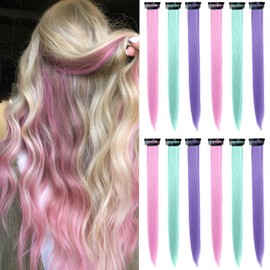 12 Stück mehrfarbige Haarverlängerungen zum Anklipsen, 22 Zoll Clip-in-Haarverlängerung, synthetische Clip-in-Haarverlängerung, mehrfarbige Haarverlängerungen für Kinder, Mädchen, Frauen