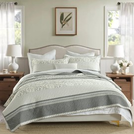 DDUOXIN 100% Cotton King Quilt - Modern Stripe King Size Quilt with 2 Pillow Shams, Bedspread Reversible Lightweight Comforter Bedding Set for All Seasons, Dark Gray/Light Gray/Beige