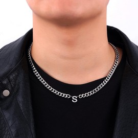 Fiusem Initial Necklace for Men, Silver Tone Cuban Link Chain for Men with Small Letter Necklace Pendant, Mens Necklace Jewelry Letter S