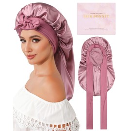 AWAYTR Silk Bonnet for Long Hair - 100% Mulberry Silk Bonnet for Sleeping Women or Kids with Adjustable Elastic Band (Rose Gold)