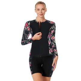 JACK SMITH Swim Suits for Women 2024 Women Long Sleeve Swimsuits Tankini Bathing Suits UPF50+ Swimsuit with Swim Shorts Black/Flower