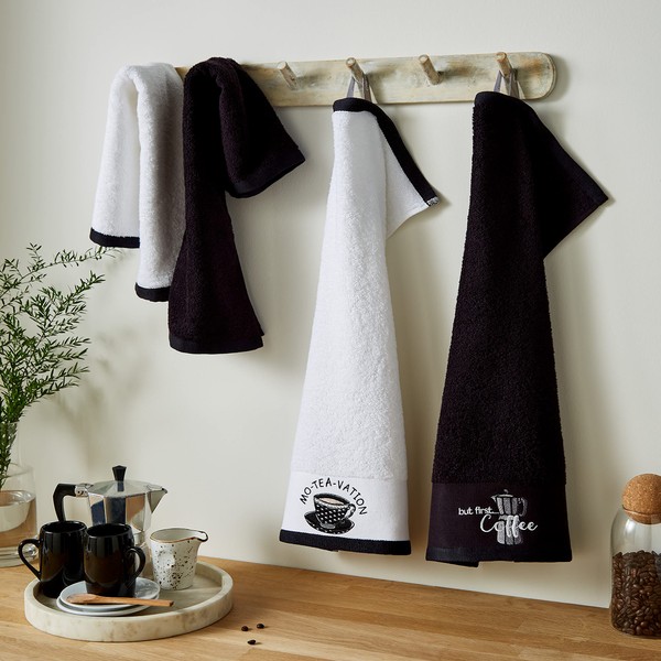 Catherine Lansfield Tea and Coffee Pack of 4 Cotton Tea Towels Black White