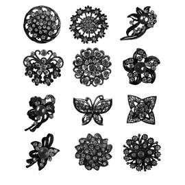 12pcs Lot Crystal Rhinestone Wedding Brooches Pins Bouquet Flowers (gray black)