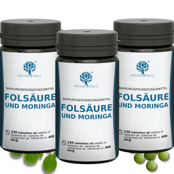 Folic Acid Supplement Vegan Folate Tablets 400 mcg with Moringa Organic Pregnancy Supplement Vitamin B9 Folic Acid Gluten Free Made in Italy by RedMoringa® (690)