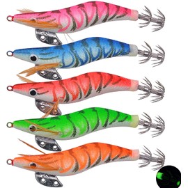 Squid Jigs Fishing Lures Luminous Tail Shrimps Prawn Bright Colors 3D Eyes Fishing Lures Baits Squid Hooks Tackle Hooks Size 3.94"/4.72"/5.51"