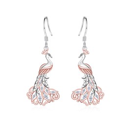 Peacock Dangle Earrings for Women - Silver Cubic Zirconia Rose Gold Boho Bird Peafowl Dangling Earring Jewelry Birthday Gifts