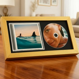 Dunkive 1 Pc 13.7" x 7.5" CD Frame Display Case with Shatter-Resistant Glass, Double Groove Record Album Frame, Self Standing with Wall Hanger, Imitation Wood Polystyrene, Home Decor (Gold)