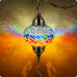 Yarra-Decor Turkish Moroccan Pendant Hanging Light with 15-Foot Cord - Exquisite Tiffany Style Mosaic Ceiling Lamp for Bedroom, Living Room(Multicolor2)