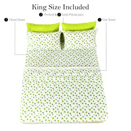 American Home Collection Ultra-Soft Microfiber Sheet Set - Double Brushed - Wrinkle and Stain Resistance - Fit 14 inches Deep Pocket - Shamrock 6 Pieces Set (King, Lime Green Floral)