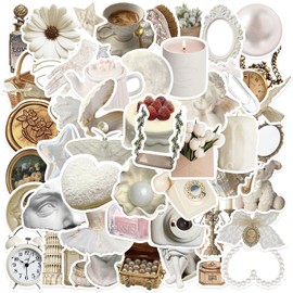 Cute White Aesthetic Pack, 50Pcs Kawaii Aesthetic Waterproof Stickers for Kids Teens Adults, Water Bottle, Laptop, Scrapbook, Journal, Skateboard, Party Supplies