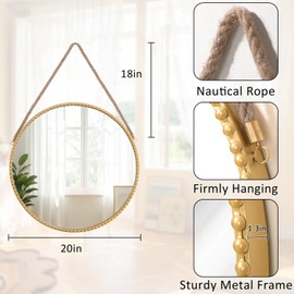 Lzuso Circle Hanging Mirror Metal Framed Modern Wall Round Mirrors Rope Hanging Mirror with Bead for Bathroom Living Room Home Decor Gold 20"