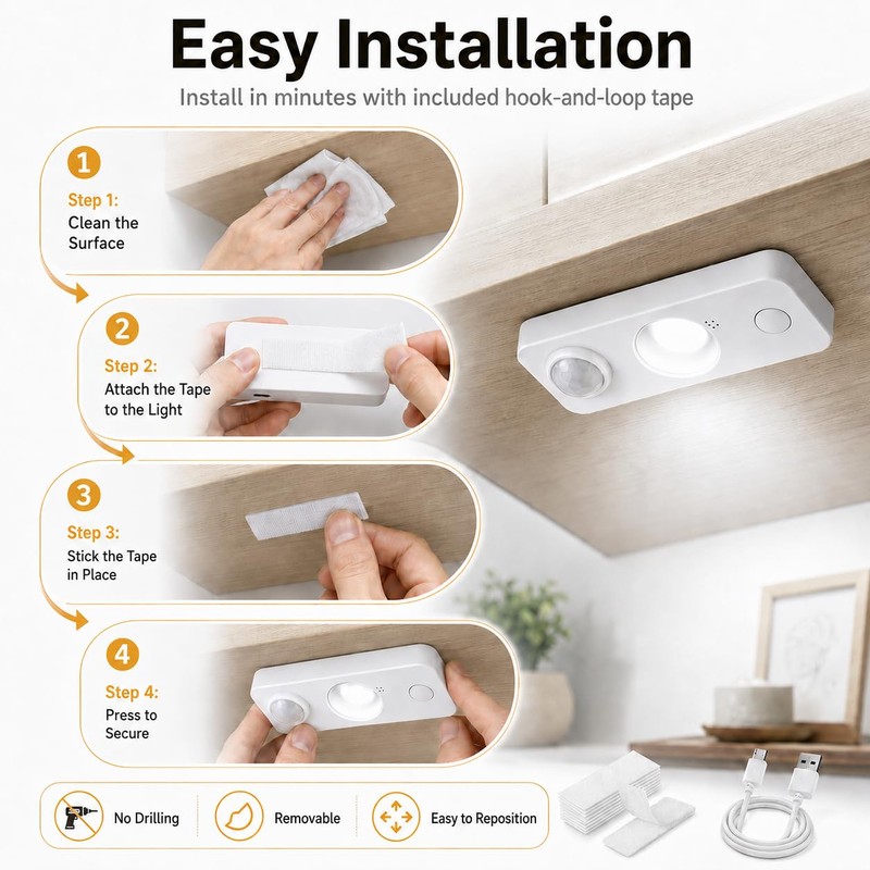 LightingWill 8 Pack USB Rechargeable Motion Sensor Puck Lights, Wireless