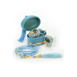 İhvan Online Velvet Box with Islamic Finger Counter and Prayer Beads, Portable Digital Prayer Tasbeeh, Pearl Zikirmatic Beads, 2 Pieces Gift for Ramadan & Eid & Mevlüt (Blue)