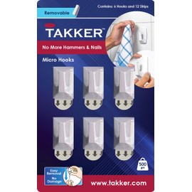 Takker - 6 x Micro Hooks with 12 x Sticky Strips | Multi-Purpose Hooks, Strong Adhesive, Easy Application, Damage-Free Removal, Re-Useable, No Sticky Residue, for Home, Bathroom, Kitchen, Walls