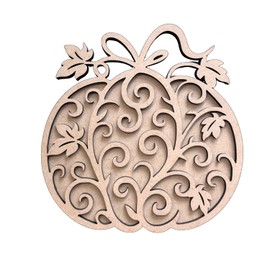 Two-Layer Scroll Pumpkin with Leaf Accents Wood Cutout – Unfinished Wooden Fall Craft Shape for DIY Autumn Décor (1/8" MDF 14" Tall)