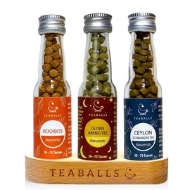 TEABALLS® 3-Piece Relax Organic Tea Set with Rooibos, Ceylon, Good Evening Soothing Teas, with Wooden Stand, Gift Set, for Making Approx. 90–225 Cups of Hot Tea, without Sugar, 100% Plant Origin