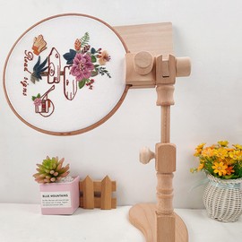 RoseFlower Adjustable Rotated Embroidery Hoop Stand, Cross Stitch Stand Lap, Natural Beech Wood Embroidery Hoop Holder with Pattern Splint, Hands Free Embroidery Frame Stand for Art Craft Sewing