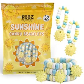 Sun Shaped Candy Bracelets – 30 Count Bulk Value Pack, Individually Wrapped Suckers – Cute Fun Summer Themed Yellow Favors – Pool Party Treats – Beach Party Favors – Birthday Goodie Bag Stuffers for Kids – Pinata Filler