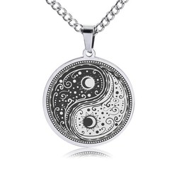 PINK TOWN Yin Yang Necklace Stainless Steel Yin Yang Bagua Pendant Necklace Vintage Gold Silver Black Yin Yang Tai Chi Circular Pendant Necklace for Women Men (Silver 1)