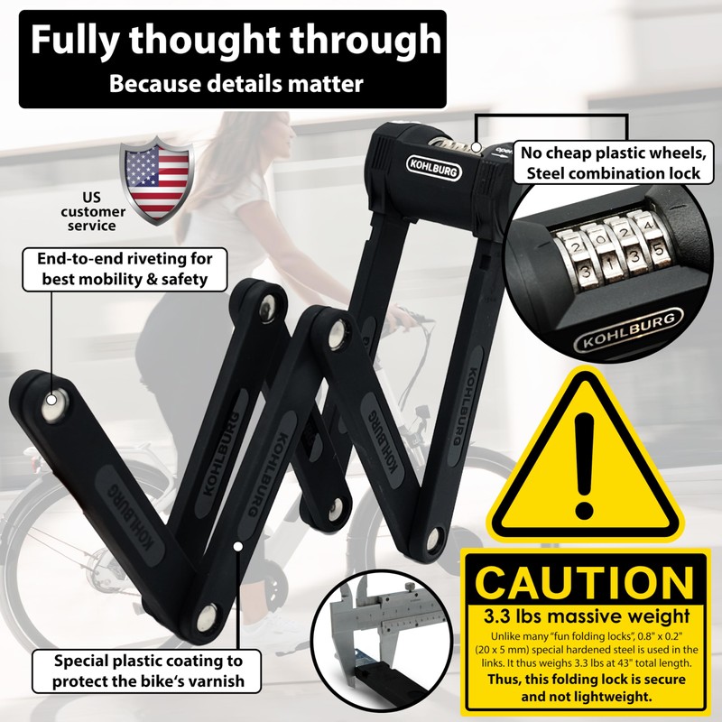 KOHLBURG Folding Bike Lock [43”] Bolt Cutter Proof with 4-Digit