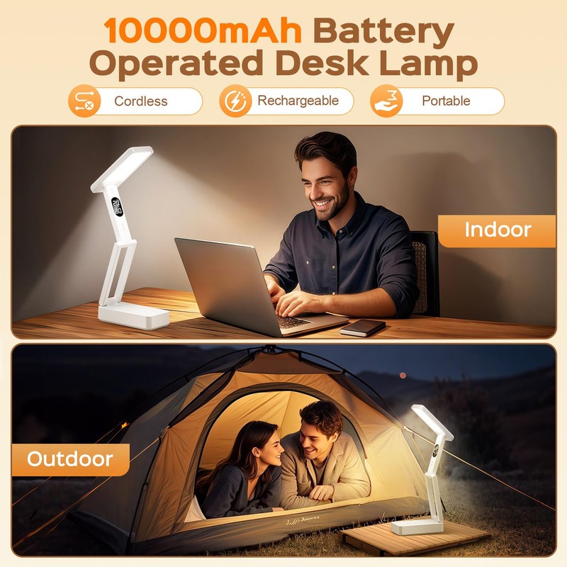 Small Desk Lamp,10000mAh Battery Operated Lamp,3 Colors+Dimmable Desk Light,LED Desk
