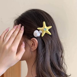 Sttiafay Large Starfish Hair Barrette Pearl Shell Hair Clips Summer Starfish Seashell Hairclips Yellow Resin Sea Star Hairpins Hawaiian Beach Hairclip for Women and Headdress
