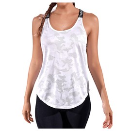 OYOANGLE Camo Print Cross Backless Workout Top for Women Tank Open Back Running Sports Yoga Shirt White S