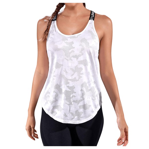 OYOANGLE Camo Print Cross Backless Workout Top for Women Tank