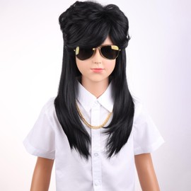 WTHCOS Mullet Wigs for Boy Black Wig 70s 80s Costumes Fancy Party Accessory Cosplay Wig Heat Resistant Synthetic Hair Wigs for Daily Use Cosplay Wig With Wig Cap