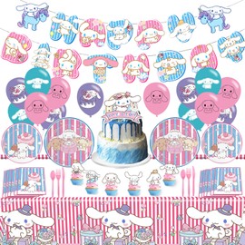 Cartoon Dog Party Decorations, Dog Birthday Party Tableware Set, 𝓒𝓲𝓷𝓷𝓪𝓶𝓸𝓻𝓸𝓵𝓵 Theme Party Tablecloth, Banner,Dessert Plates, ballons, Napkins ,Forks, Knife, spoon for Dog