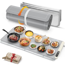 FYY Extra Large Warming Mat for Food with Heat-Resistant Pad, Prevent Countertop Cracks, Keep Meal Warm, Rapid and Full Surface Heating, 6 Temp Settings, 6H Timer, Rollable Portable Food Warmer, Grey