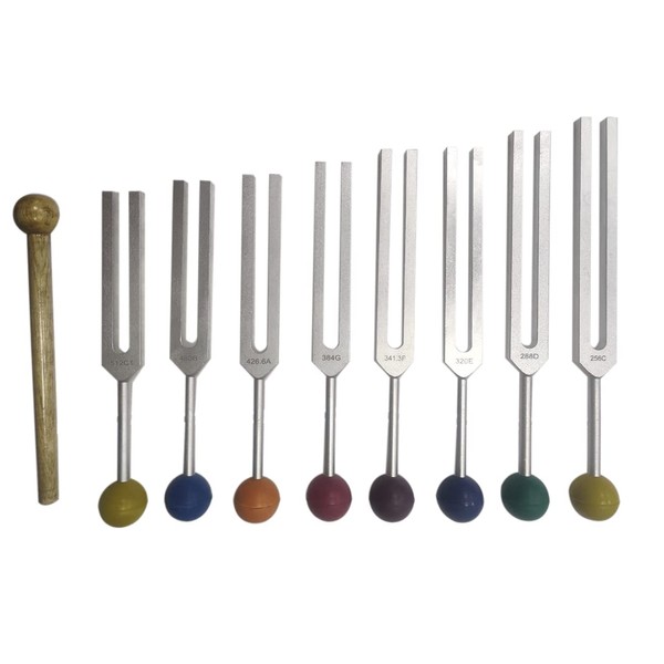 Radical Harmonic Solar Spectrum Set of 8 Healing Tuning Forks w Chakra Color Balls in Soft Velvet Case w Mallet or activator