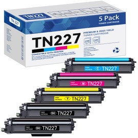 TN227 High Yield Toner Cartridge 5 Pack: Replacement for Brother TN227 TN227BK TN223 TN-227BK/C/M/Y Toner with HL-L3210CW HL-L3270CDW MFC-L3750CDW Printer (2 Black 1 Cyan 1 Magenta & 1 Yellow, TN227)