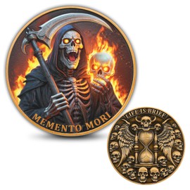 Memento Mori Challenge Coin – Grim Reaper with Flaming Skull and Hourglass Design, Life is Brief Death Reminder Token, Metal Collector Coin with Acrylic Case for Reflection and Display