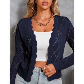 CARDYDONY Women's Long Sleeve Cropped Cardigan Sweaters Open Front Hollow Out Shrugs Navy S