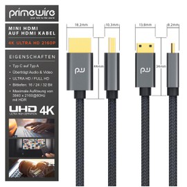 CSL - 4k Mini HDMI to HDMI Cable 1.5 m - HDMI 2.0 a/b Type C to Type A - Nylon Brading - 3840 x 2160 @ 60 Hz - Kink Protection - HDR - ARC - Triple Shielded - Gold-Plated Connectors