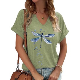 PUCKOLITY Women's Dragonfly Graphic V Neck Shirts Casual Summer Funny Printed Short Sleeve Cute Tee Tops(XL,3 Light Green)