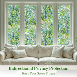 DARUITE Stained Glass Window Film, Green Leaf Pattern Window Film Privacy, Static Cling without Glue Anti UV Decorative Privacy Film for Glass Windows for Home, Office 30x100cm