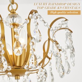 MERCASA Crystal Chandelier Gold Raindrop Ceiling Pendant Light for Dining Room Small 4 Light Modern K9 Crystals Hanging Lighting Fixture for Kitchen Entryway Hallway Wide 16"