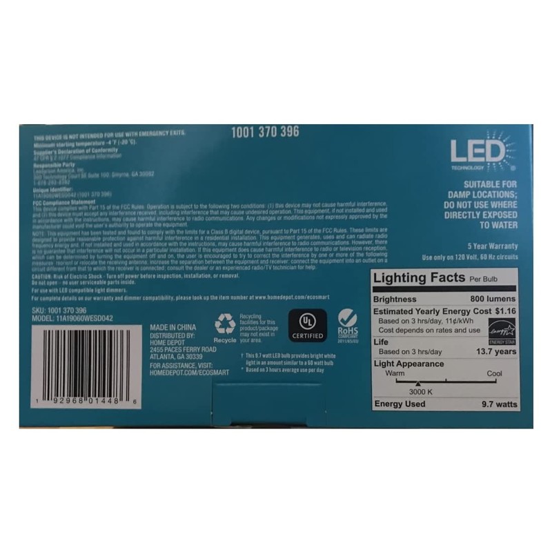 Led technology EcoSmart 60W Equivalent Bright White A19, Dimmable LED